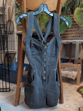 Squeeze Dark Denim Button-Front Short Overalls